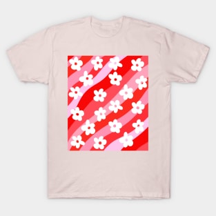 Pink and Red Groovy Flowers on Wavy Stripes T-Shirt